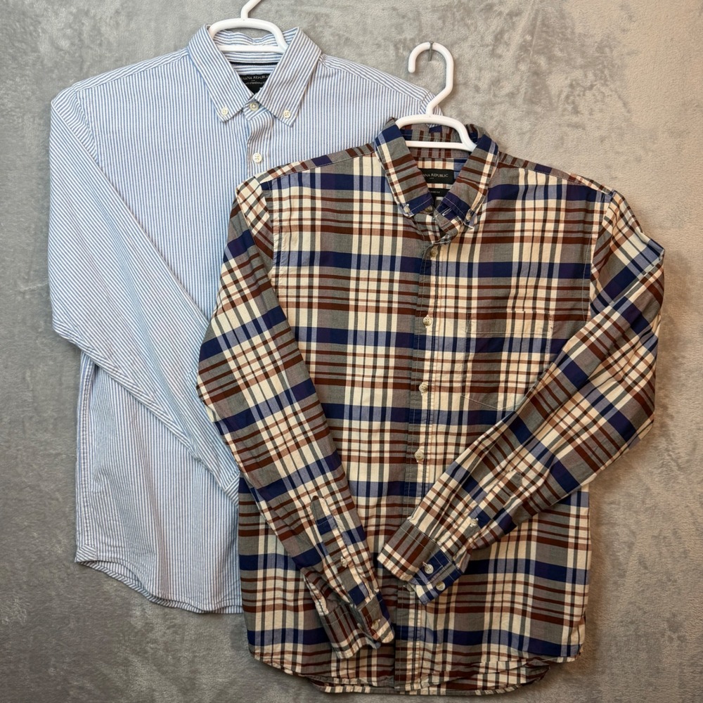 Banana Republic Button Down Shirts Men M Blue Stripe Plaid Oxford Slim Fit Lot 2